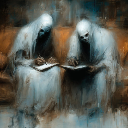 Creepy gothic wall decor depicting ghostly writers on vintage sofa in amber and teal tones