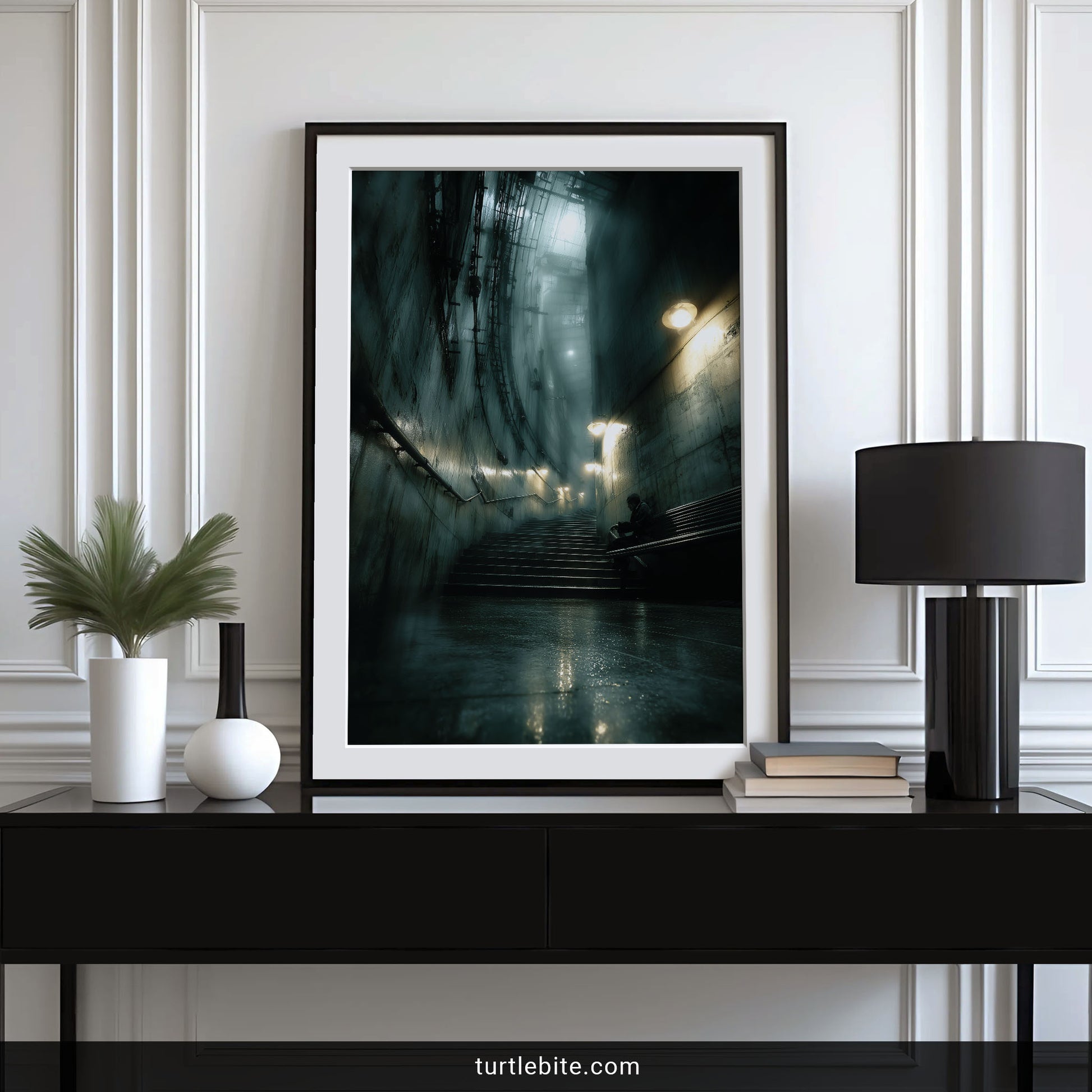 Cinematic urban exploration wall art depicting melancholic scene of figure sitting on wet concrete stairs