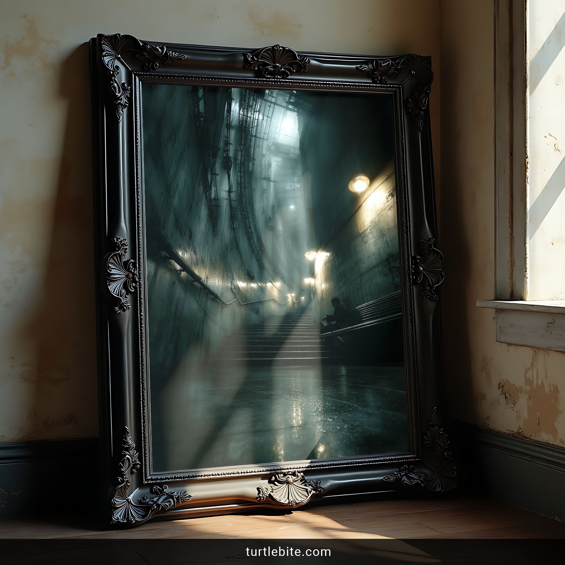 Moody teal architecture poster showing isolated figure in industrial tunnel with weathered walls and reflections