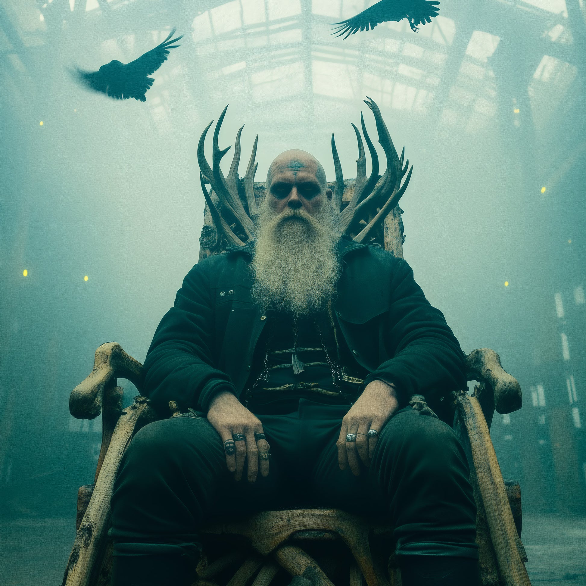 Dark Norse mythology art featuring bearded warrior in leather armor with mystical lighting