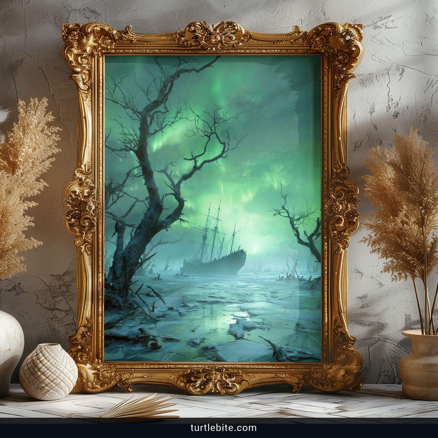 Eerie norse mythology wall art depicting derelict viking vessel in mystical frozen landscape