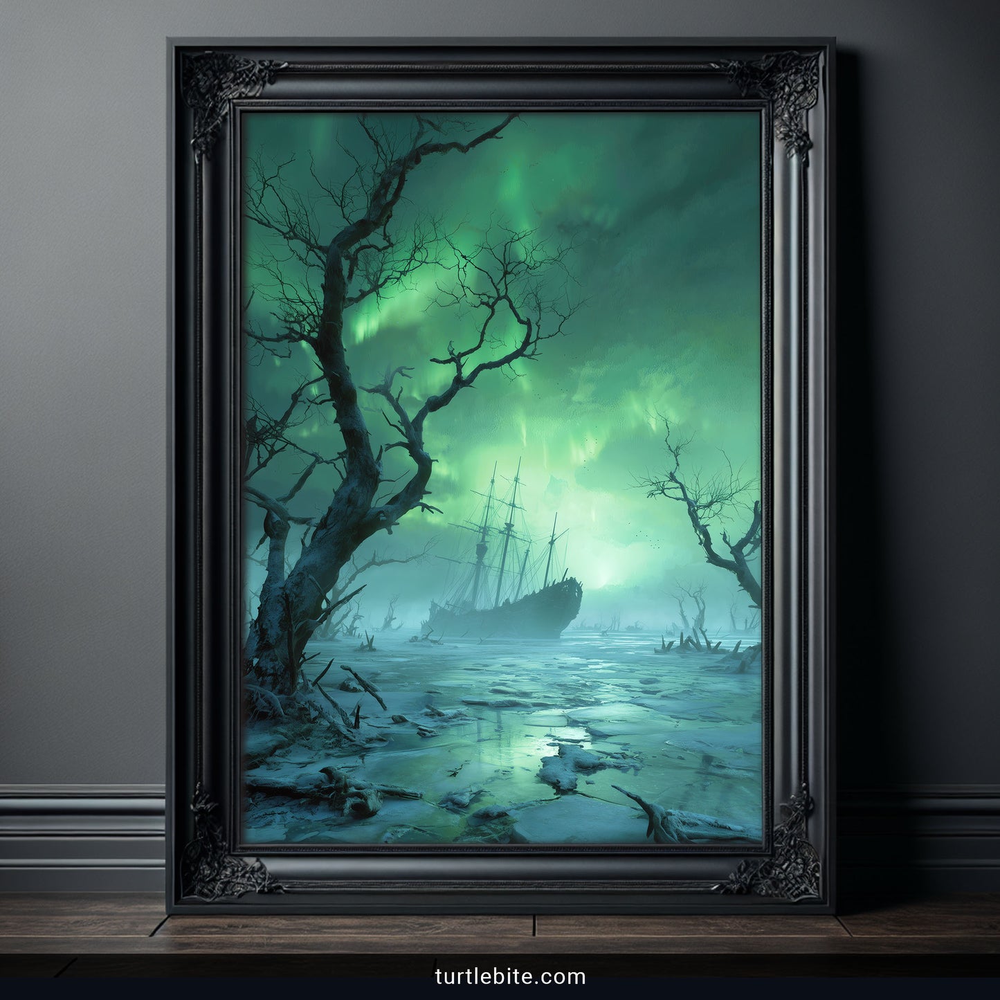 Haunted ship print with dark fantasy atmosphere showing viking longship in icy supernatural scene