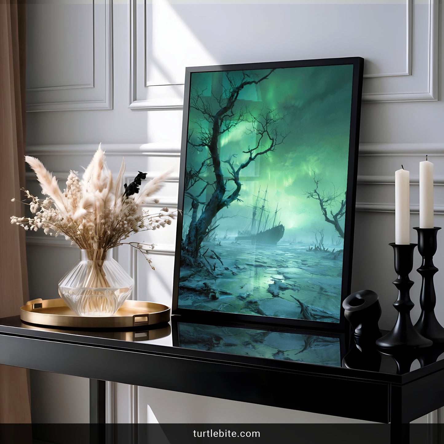 Gothic nautical poster of mysterious viking ghost ship under ethereal green northern lights