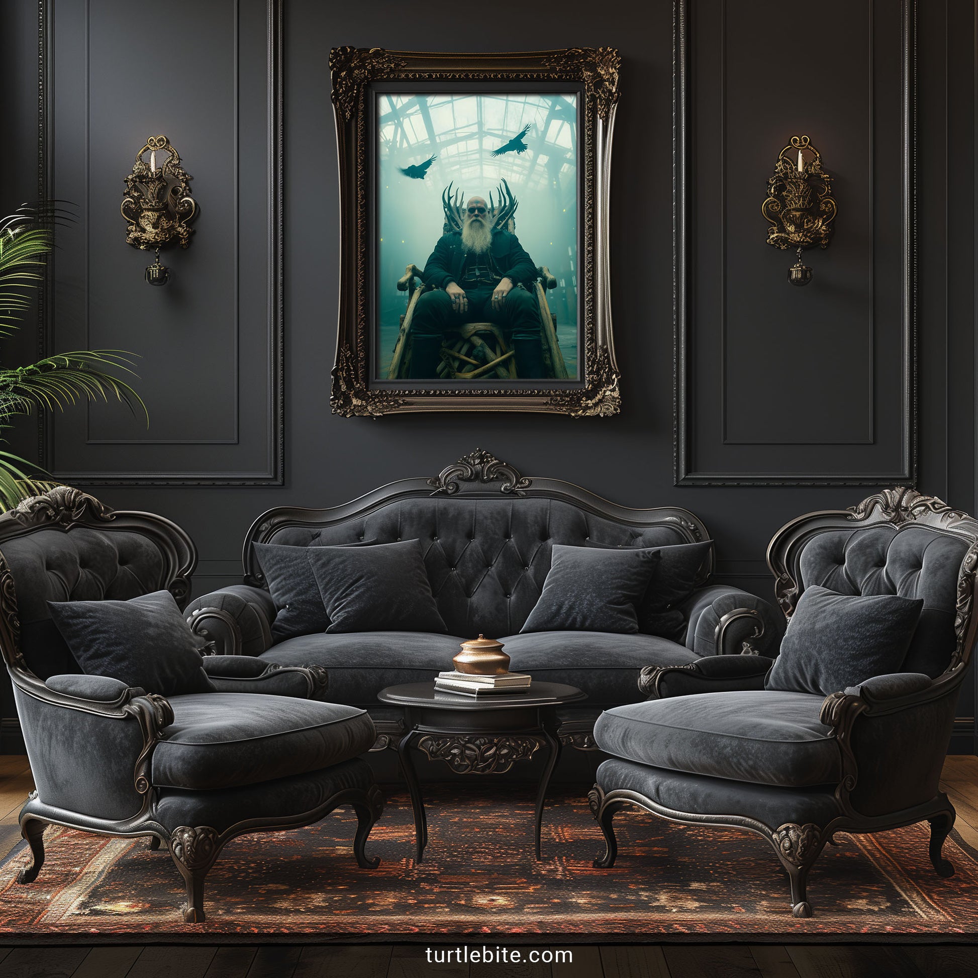 Gothic fantasy poster of Viking ruler on throne with ravens in atmospheric hall setting