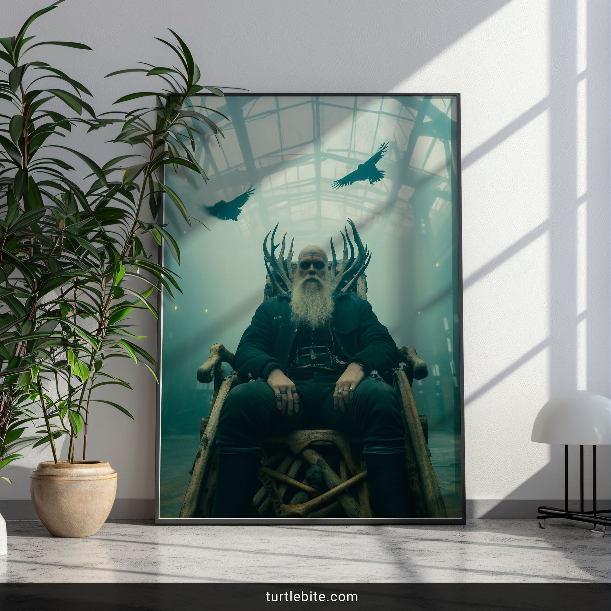 Dark fantasy Viking artwork depicting ancient ruler in shadowy great hall with birds
