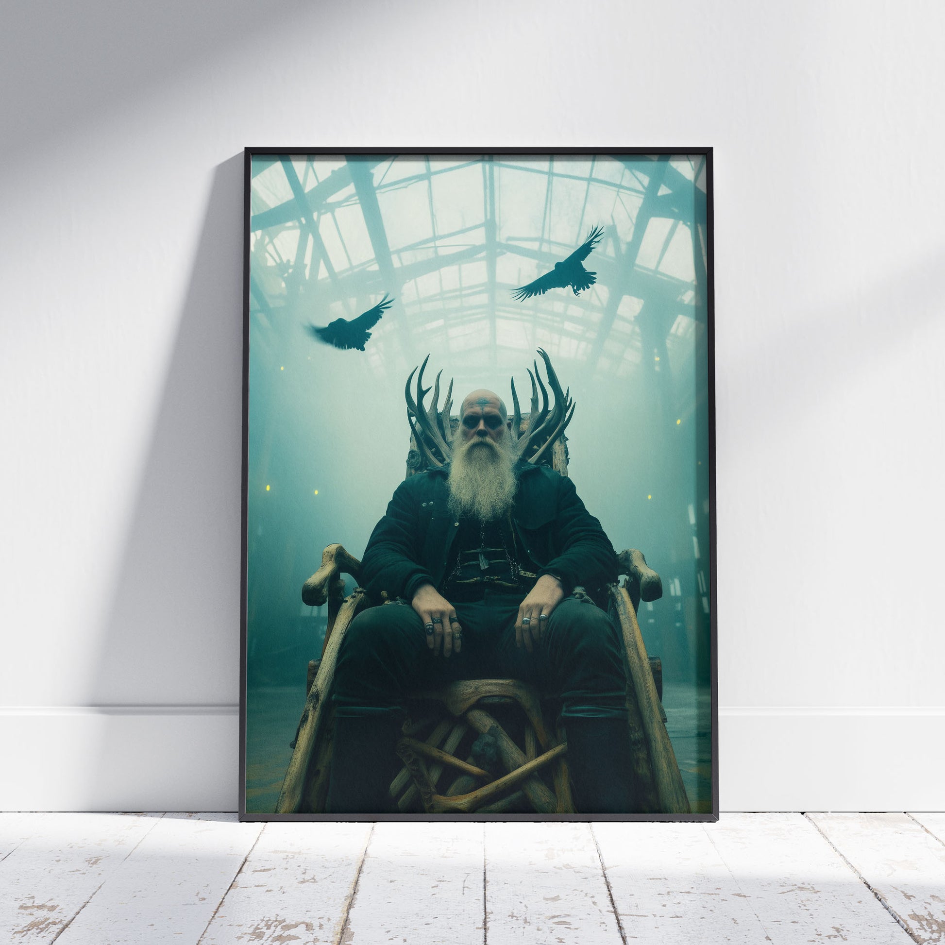 Viking warrior king with antlers sitting on wooden throne surrounded by flying ravens
