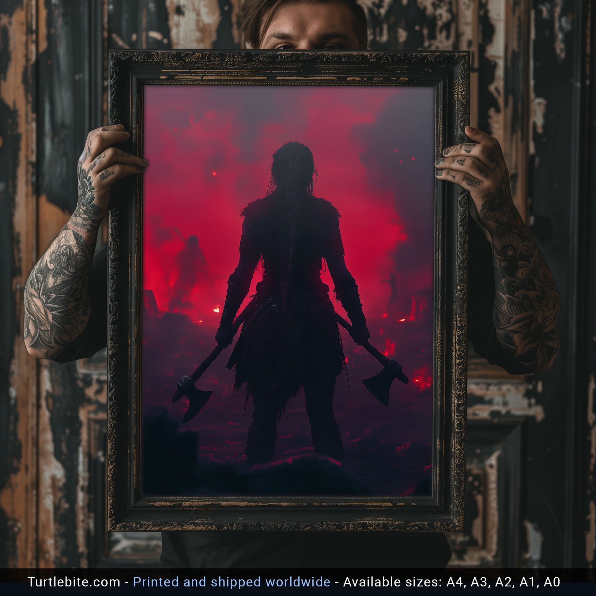 Silhouetted Norse female warrior with axes against blood red sky - dark mythology poster for wall decoration