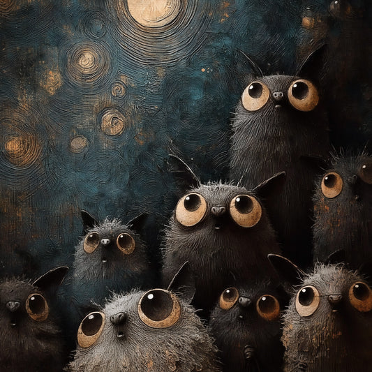 Whimsical bat poster featuring a crowd of fluffy dark creatures with huge golden eyes gazing at the full moon