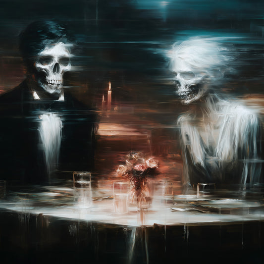Gothic memento mori art showing skeleton couple at candlelit dinner table with motion blur effect