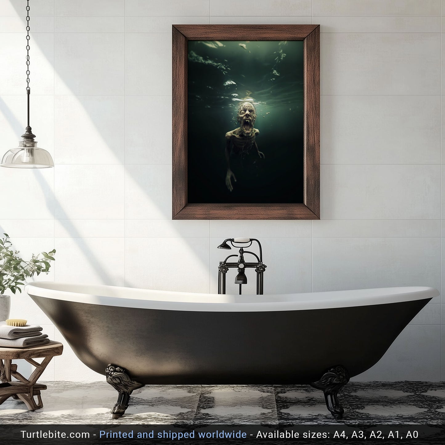 Gothic home decor art print of haunting zombie figure in murky underwater scene
