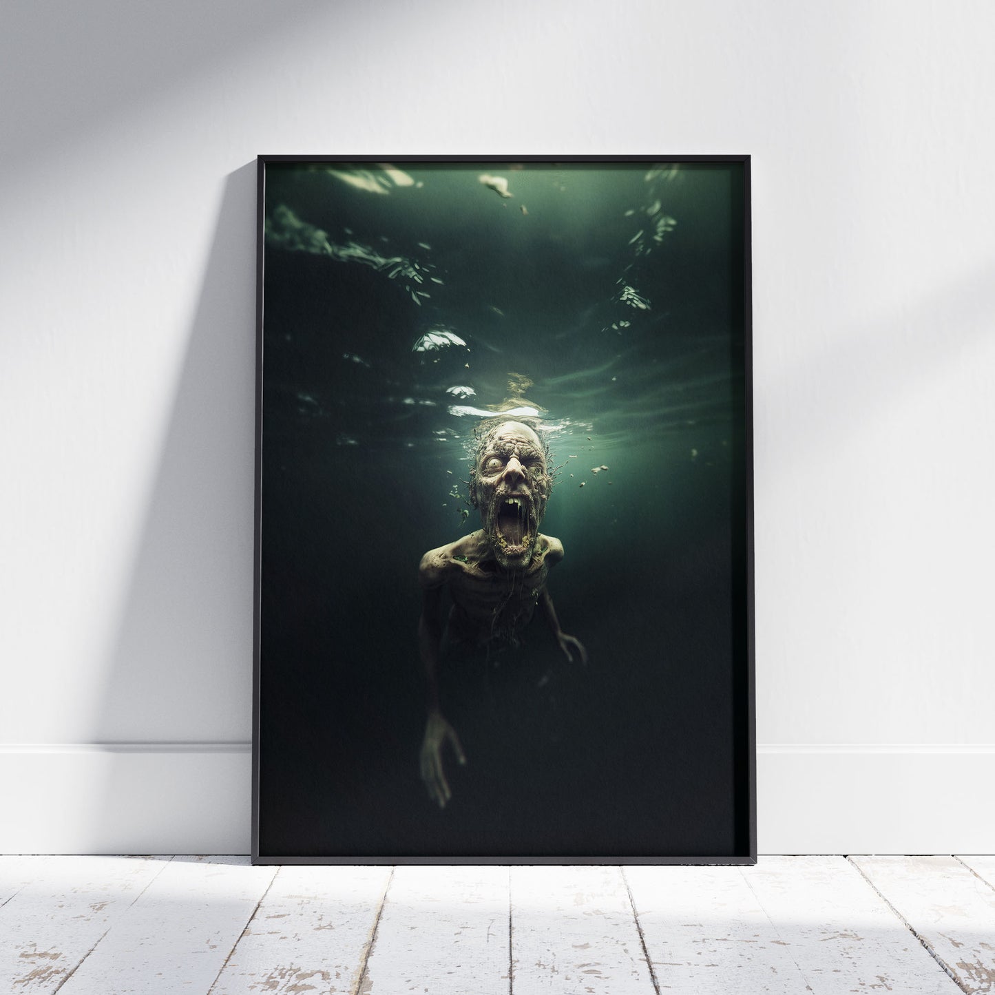 Zombie art print showing underwater horror scene with decomposing undead figure