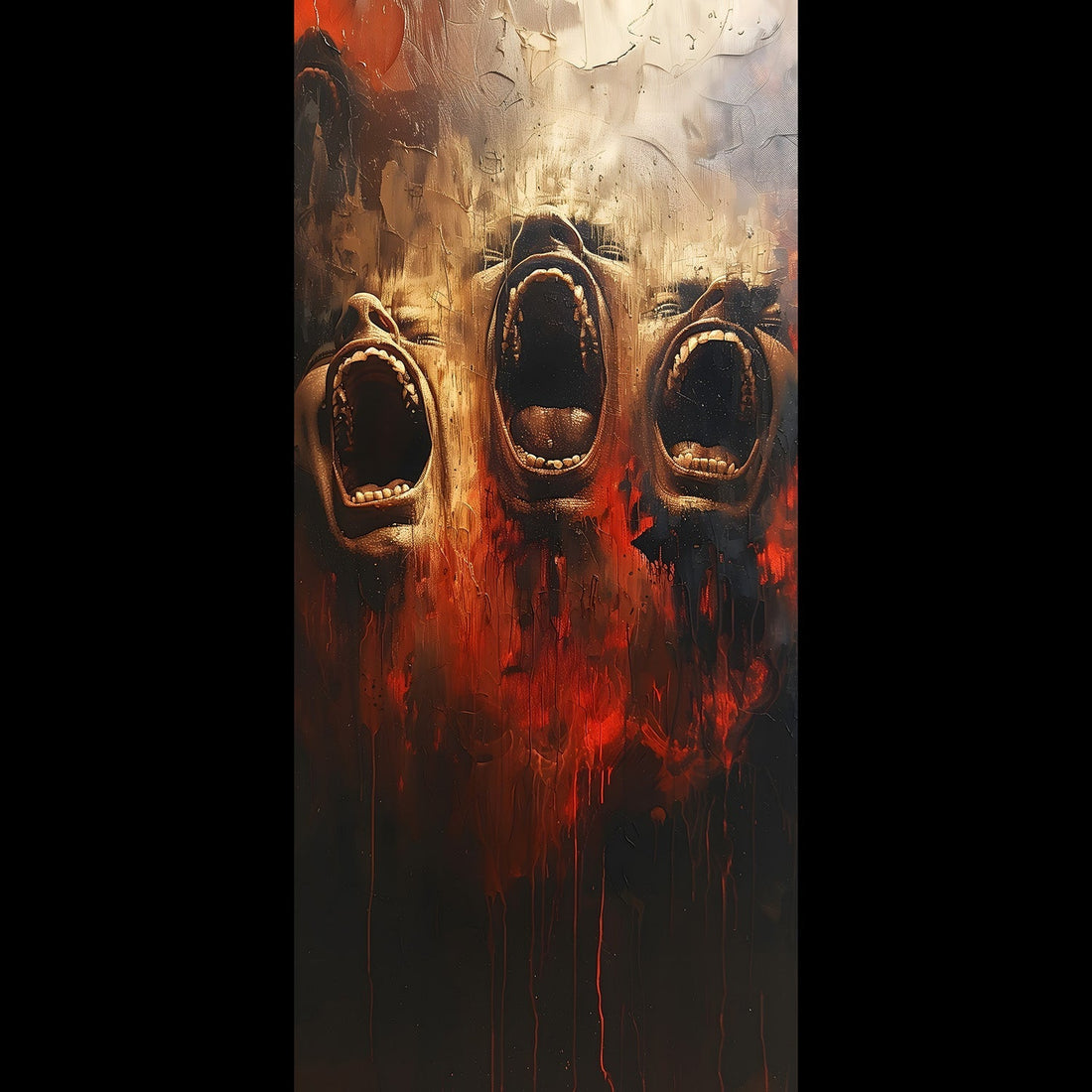 Free phone wallpaper of three screaming mouths dripping red and gold, dark gothic oil painting horror art