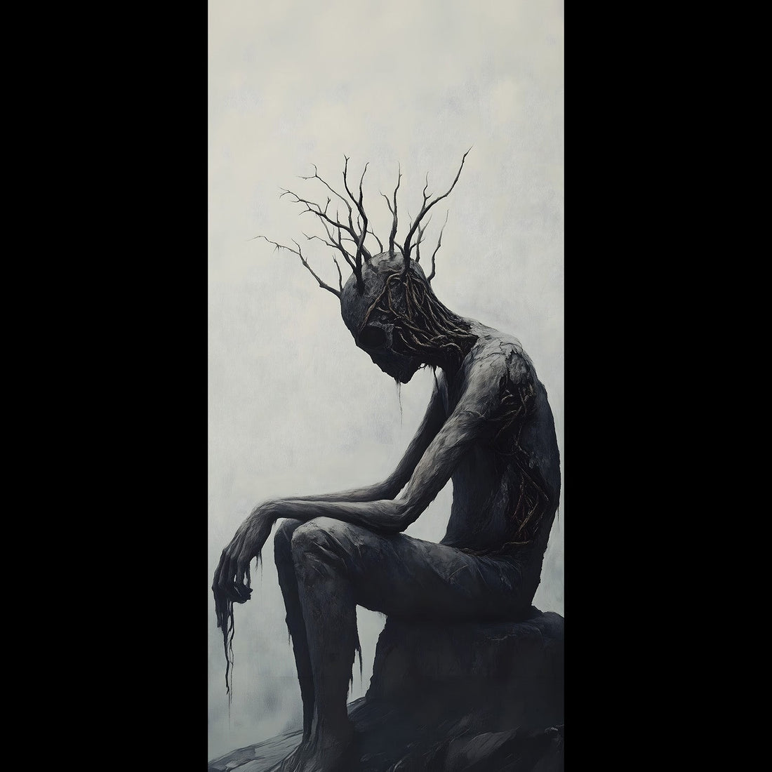 Dark surreal painting of a hunched humanoid figure with a tree-branch antler head and root-like tears, sitting on a rock - gothic wall art phone wallpaper
