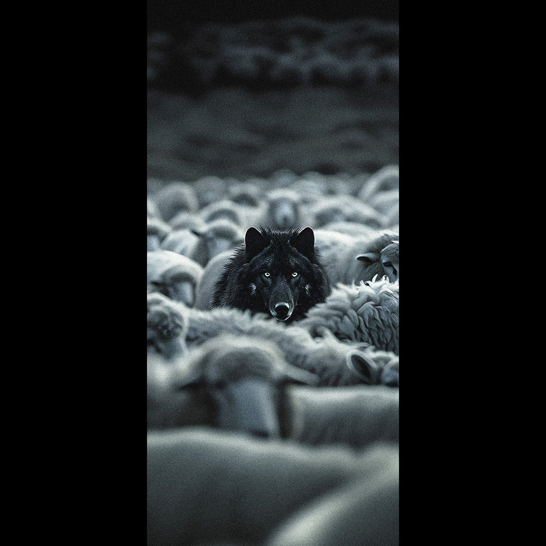Black wolf hidden among a flock of white sheep, free dark gothic phone wallpaper