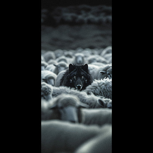 Black wolf hidden among a flock of white sheep, free dark gothic phone wallpaper