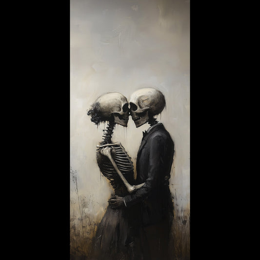 Free gothic phone wallpaper of two embracing skeletons in dark art oil painting style, symbolizing eternal love and death