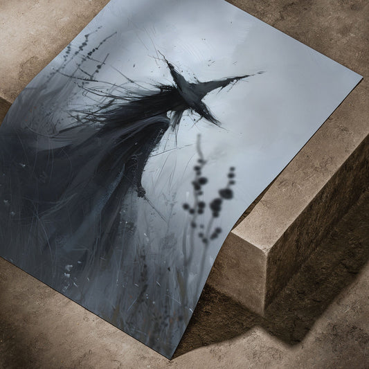 Gothic witch art print poster draped over a concrete plinth in a moody outdoor scene