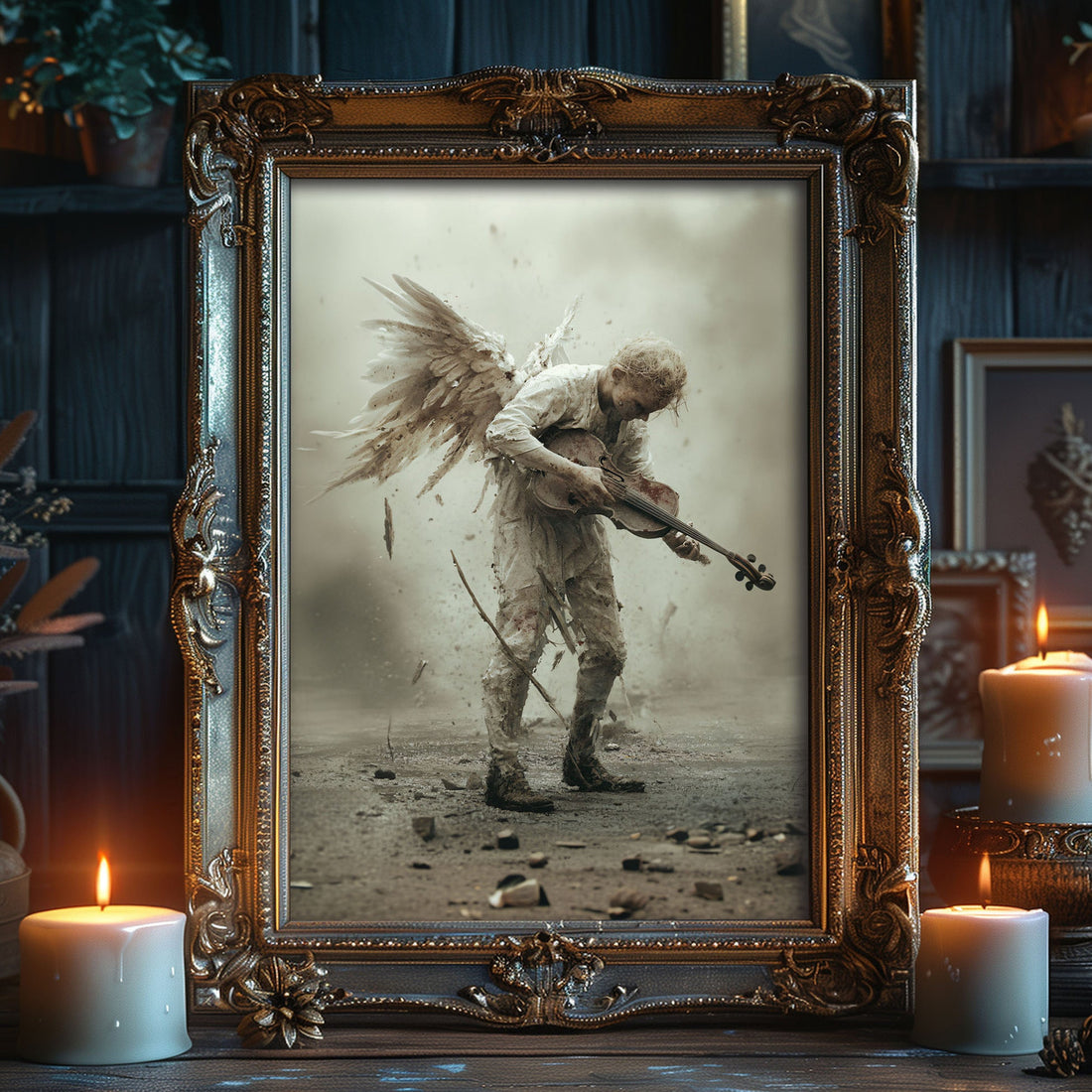 A mud-covered angel with torn white wings holds a violin awkwardly in a smoky, debris-filled environment. The figure appears confused and emotionally burdened, symbolizing a heavy metal guitarist adjusting to the afterlife.