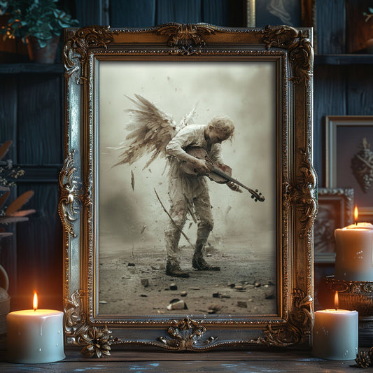 A mud-covered angel with torn white wings holds a violin awkwardly in a smoky, debris-filled environment. The figure appears confused and emotionally burdened, symbolizing a heavy metal guitarist adjusting to the afterlife.
