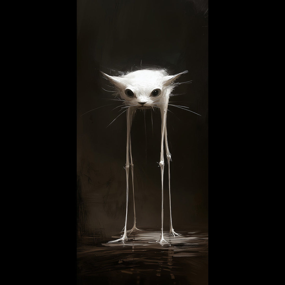 Spooky slender white cat with long spindly legs, creepy gothic dark art phone wallpaper on black background