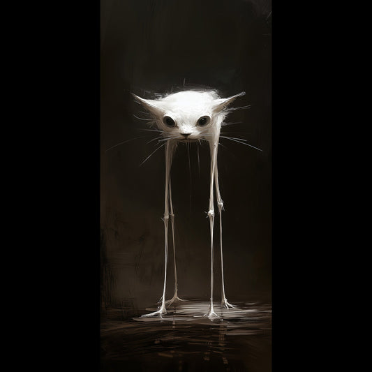 Spooky slender white cat with long spindly legs, creepy gothic dark art phone wallpaper on black background
