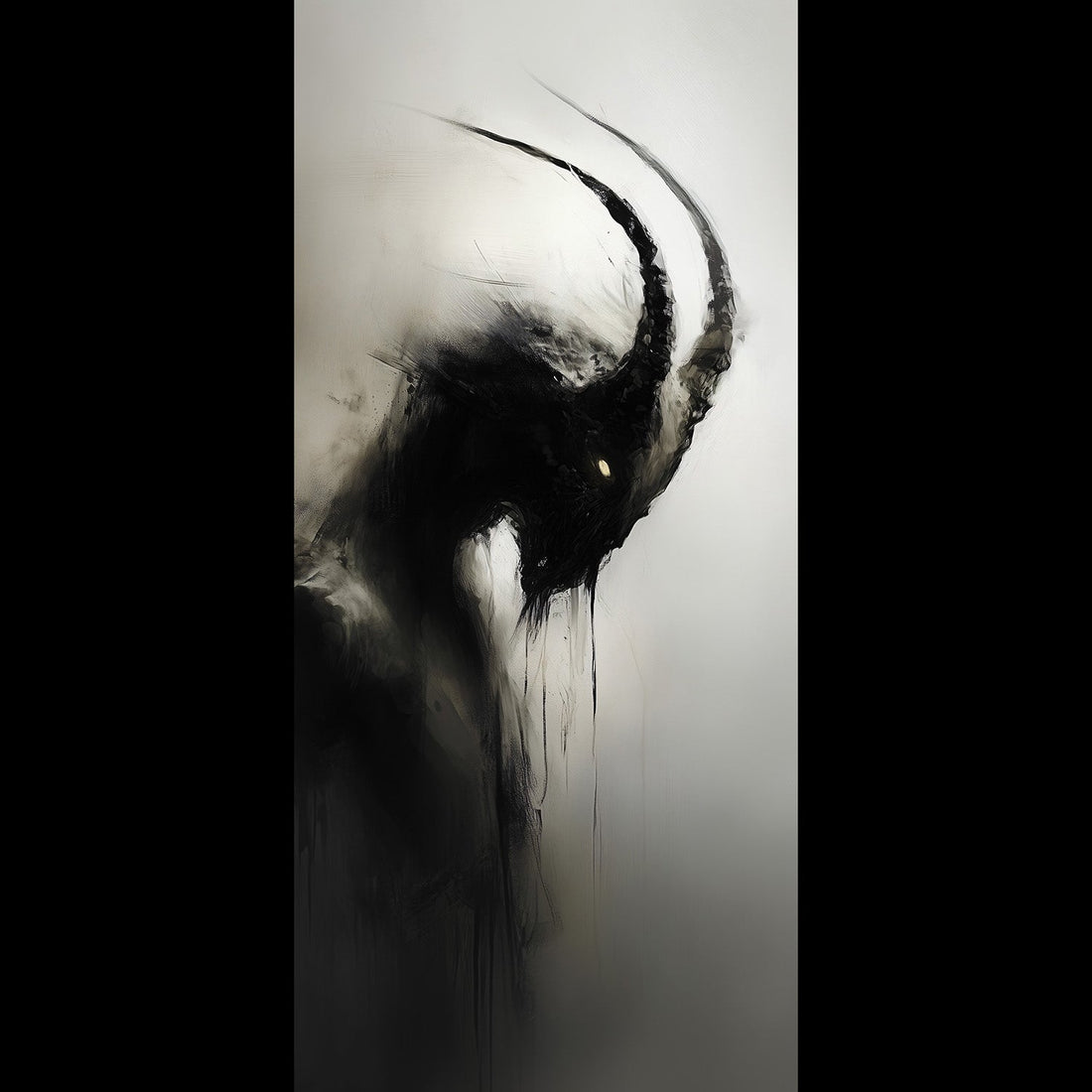 Free phone wallpaper of a dark gothic Capricorn creature with glowing yellow eyes, dripping black ink horns, and a moody whimsigoth painting style on a smoky grey background.
