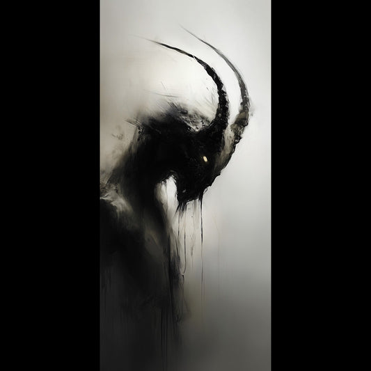 Free phone wallpaper of a dark gothic Capricorn creature with glowing yellow eyes, dripping black ink horns, and a moody whimsigoth painting style on a smoky grey background.