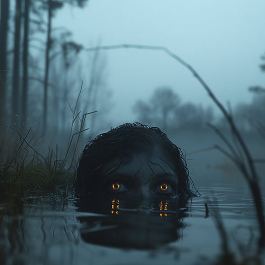 Dark fantasy art of a creature's head emerging from a lake, its luminous orange eyes being the only point of color in the misty, blue-grey landscape