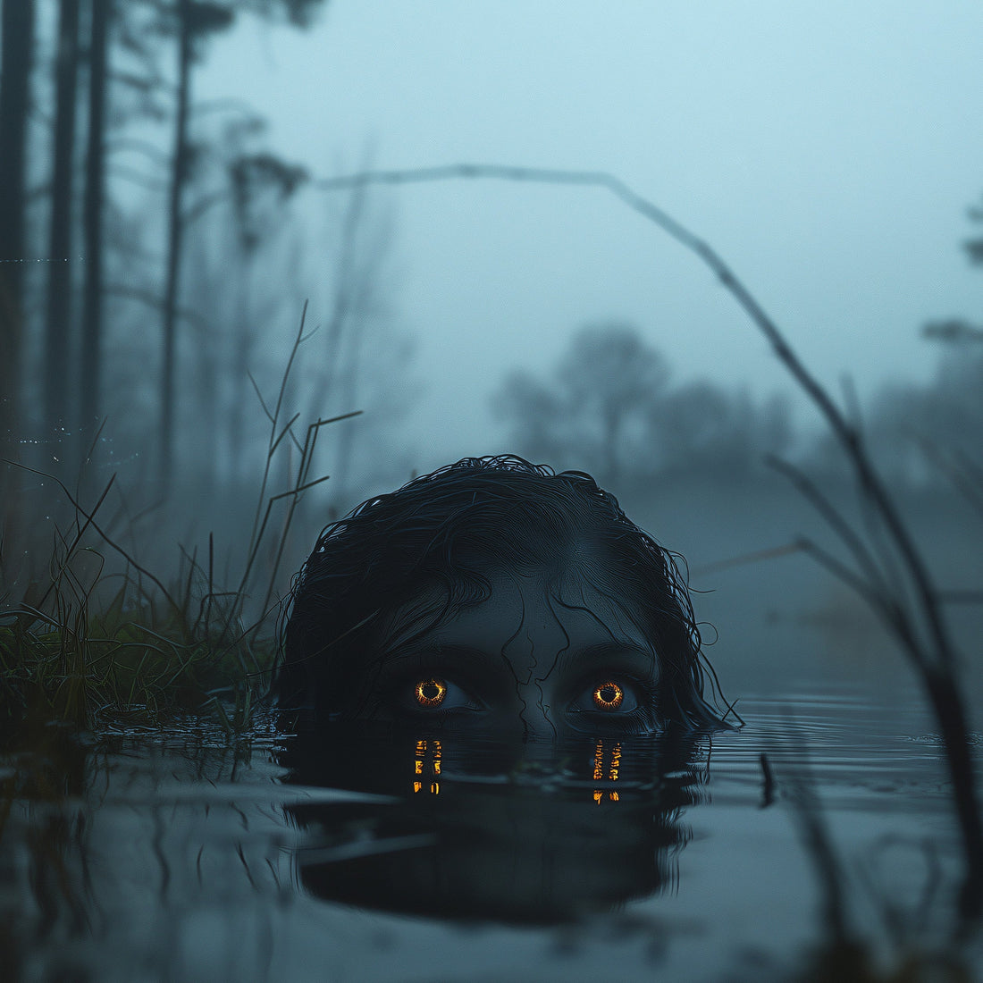 Dark fantasy art of a creature's head emerging from a lake, its luminous orange eyes being the only point of color in the misty, blue-grey landscape