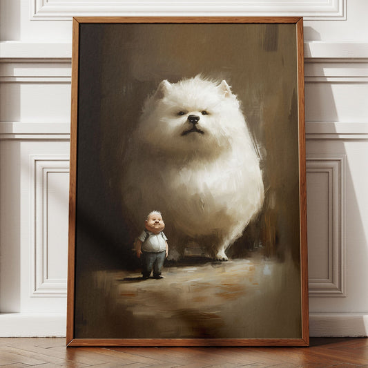 A small boy stands proudly next to an enormous fluffy white dog in a softly painted digital illustration, radiating warmth and whimsy.