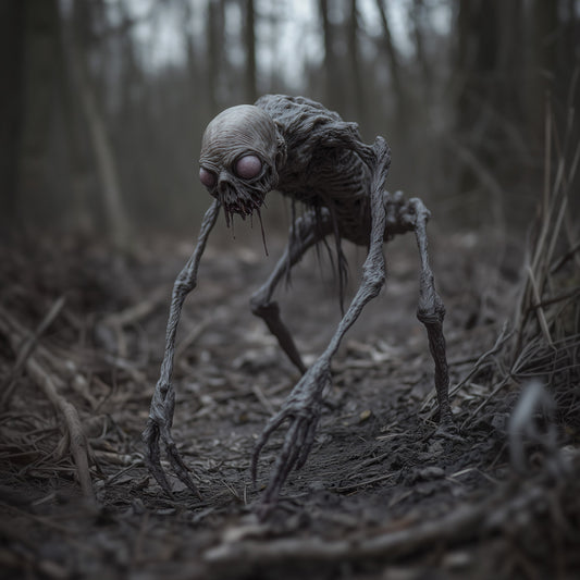 A creepy, skeletal creature with large pale eyes and long, spindly limbs crouches in a dark, decaying forest