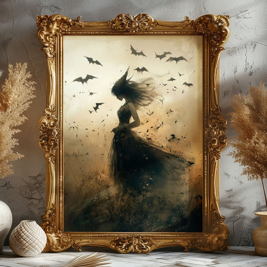 A silhouette of a mysterious young witch with windswept hair in a dark dress, surrounded by bats in a dreamy, moody Halloween landscape.