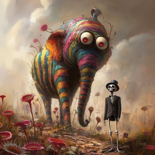 A colorful, rainbow-striped elephant with exaggerated eyes stands beside a skeleton in a top hat, surrounded by whimsical plants in a misty, surreal landscape.