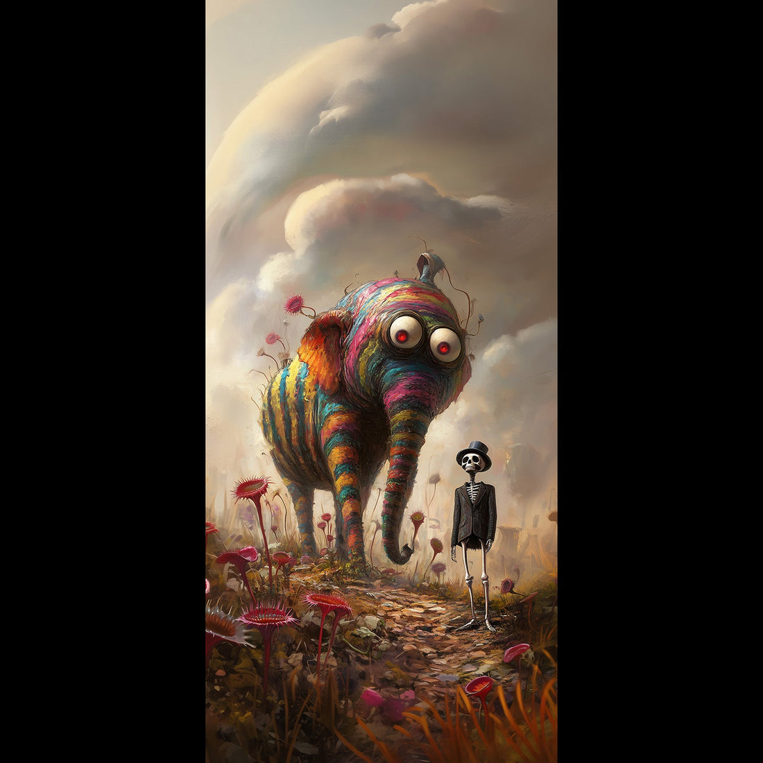 Free rainbow elephant and skeleton phone wallpaper, whimsical dark surreal fantasy art