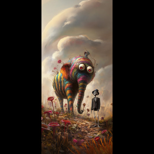 Free rainbow elephant and skeleton phone wallpaper, whimsical dark surreal fantasy art