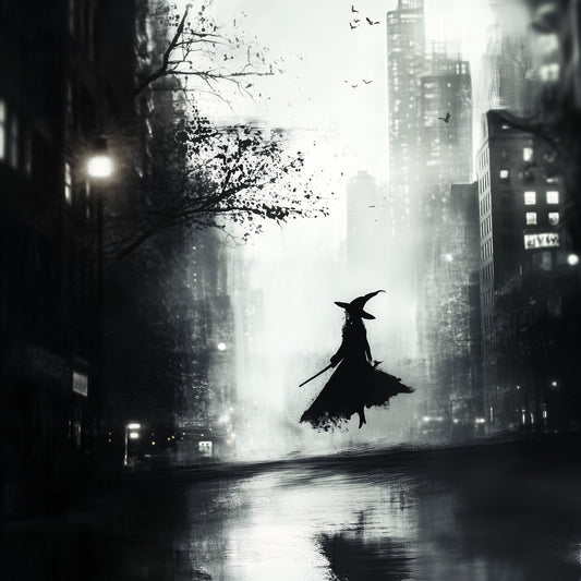 Modern witch levitating in a noir cityscape poster, witchy home decor