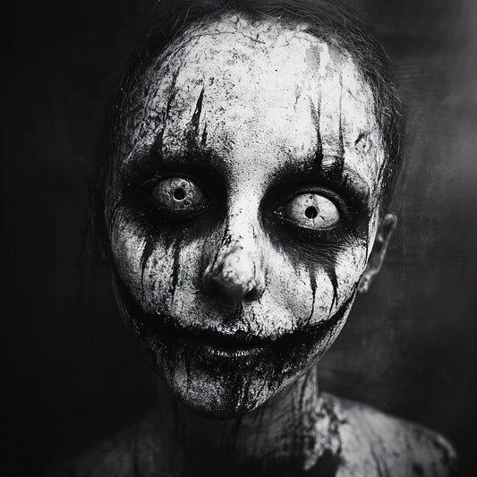 Black and white horror art featuring a disturbing portrait with dark hollow eyes and weathered skin