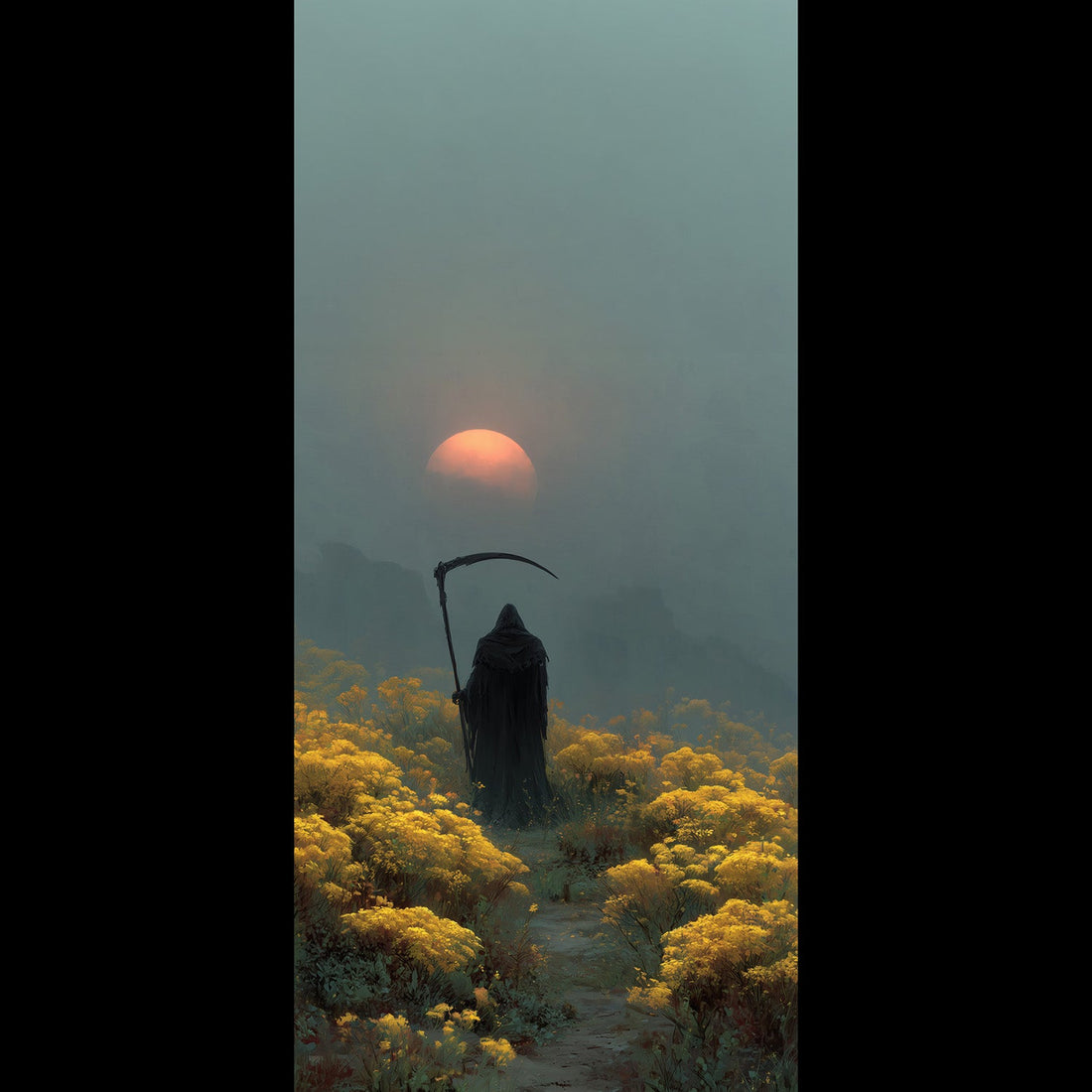 Grim Reaper holding a scythe in a golden wildflower field at sunset, free dark gothic phone wallpaper