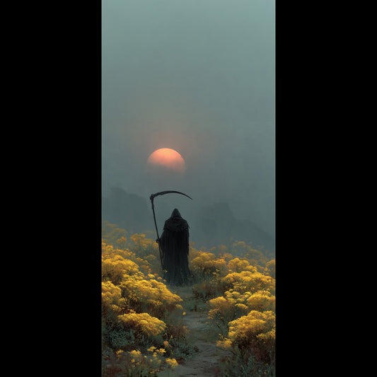 Grim Reaper holding a scythe in a golden wildflower field at sunset, free dark gothic phone wallpaper