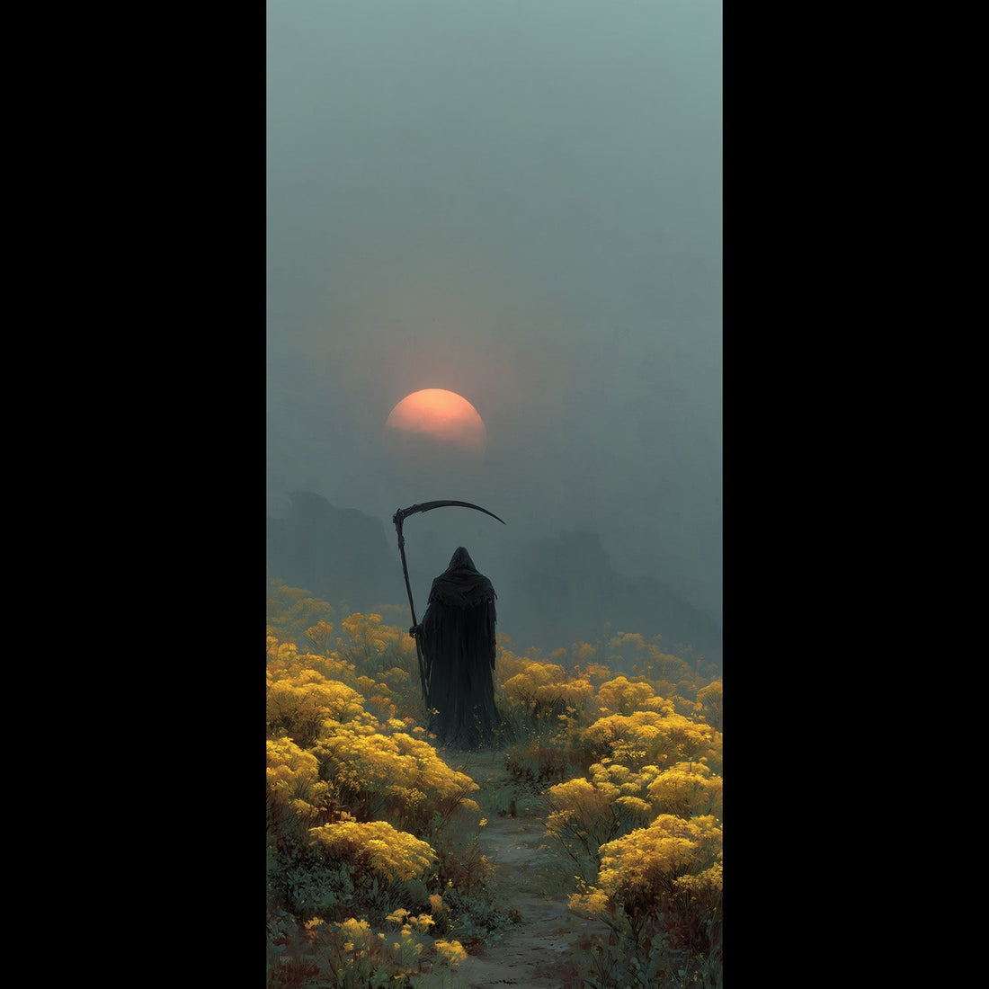 Grim Reaper holding a scythe in a golden wildflower field at sunset, free dark gothic phone wallpaper