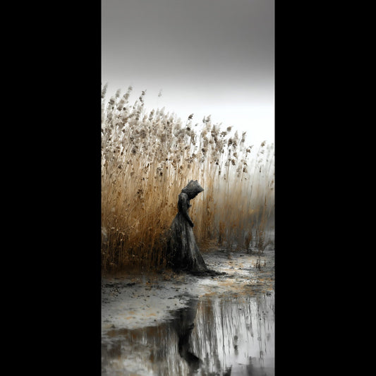 Free gothic phone wallpaper of a cloaked Victorian woman standing alone in misty reeds by still water, moody dark art