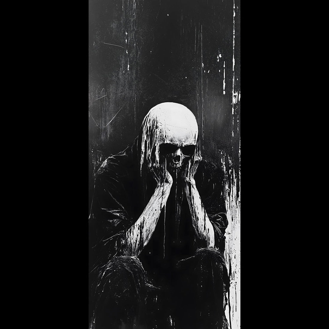 Black and white skull creature phone wallpaper with scratched analog horror texture and gothic grain