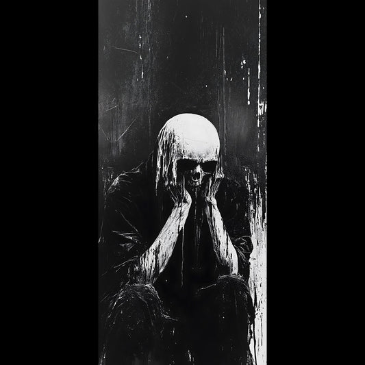 Black and white skull creature phone wallpaper with scratched analog horror texture and gothic grain