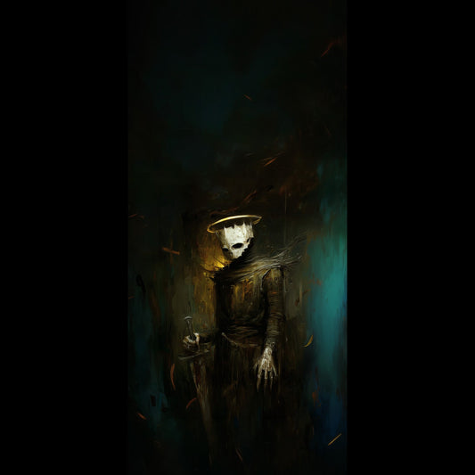 Free dark art phone wallpaper of a skeletal medieval knight with a cracked white mask, golden halo and sword standing in teal and gold shadows, gothic oil painting
