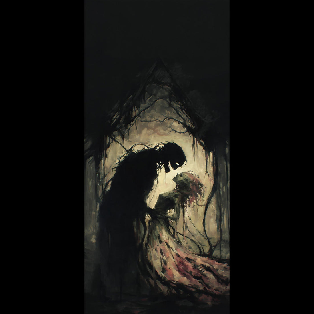 Free gothic phone wallpaper, dark ghost romance figure embracing decayed face art