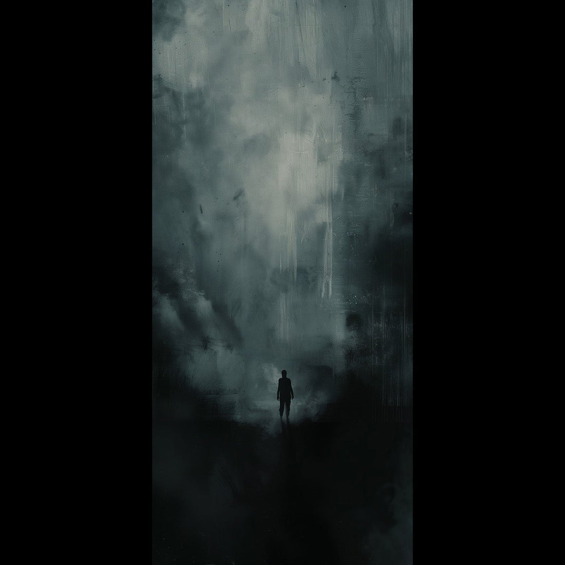 Free phone wallpaper, lone silhouette in foggy void, dark minimalist gothic art background
