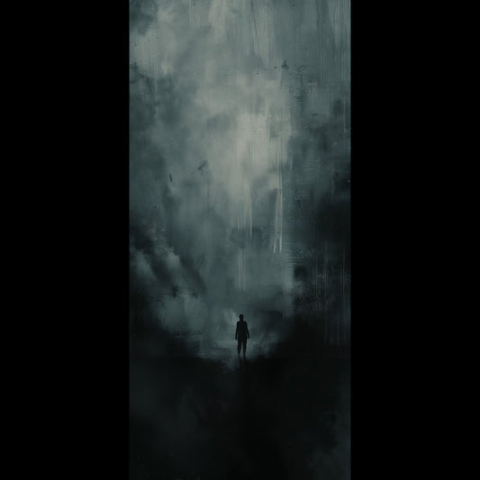 Free phone wallpaper, lone silhouette in foggy void, dark minimalist gothic art background