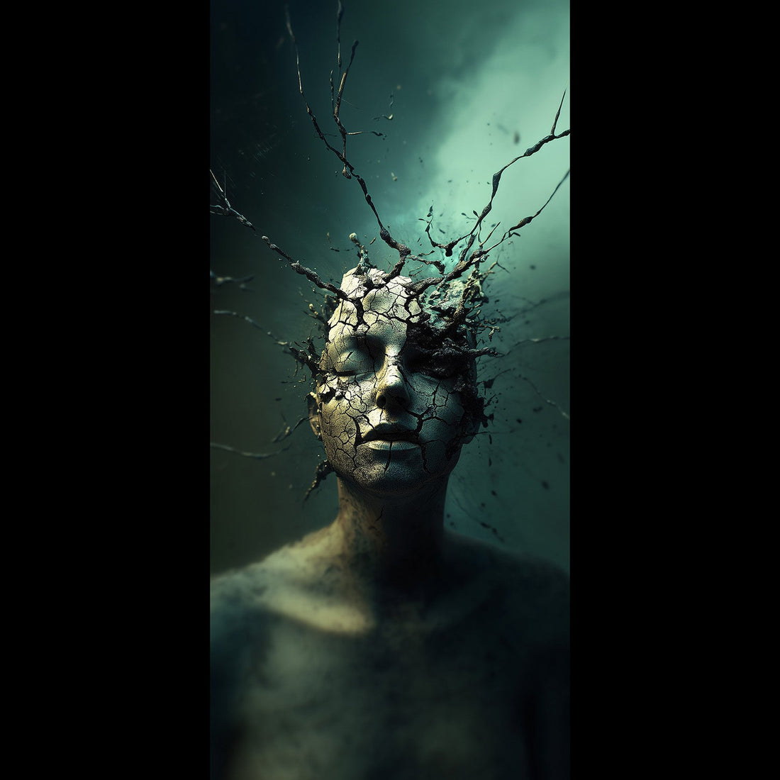 Free cracked face surreal wallpaper, dark gothic phone background with branching black tendrils