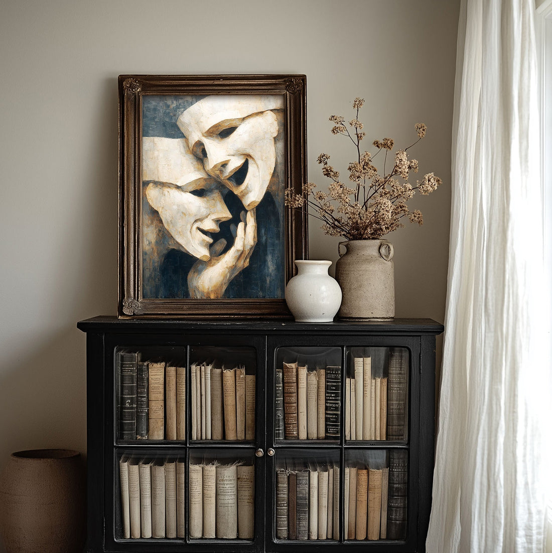 Renter-friendly gothic decor featuring the Drama Masks Wall Art gothic theater poster