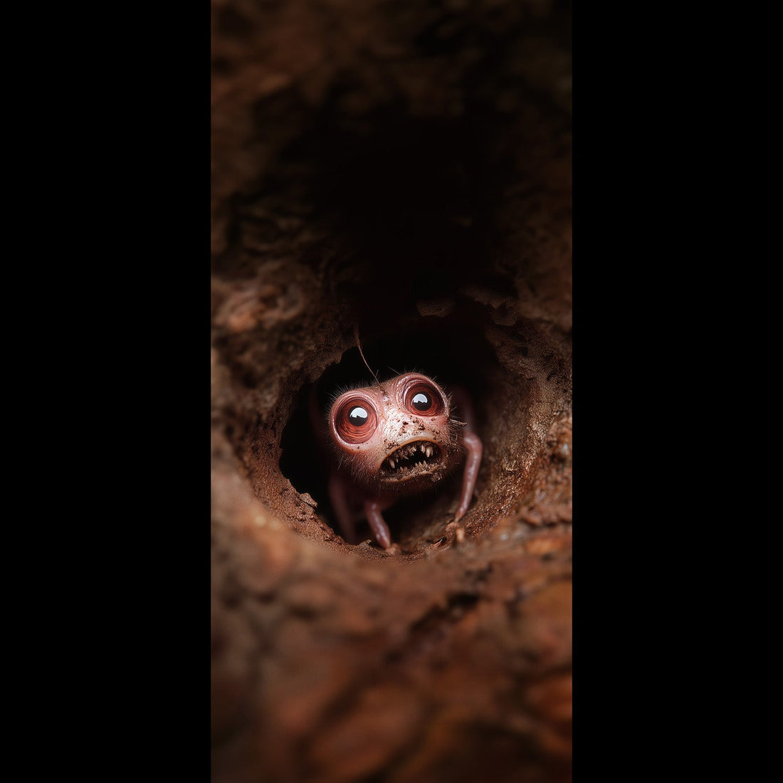 Free cryptid wallpaper, creepy cute monster peeking from tree hollow phone background